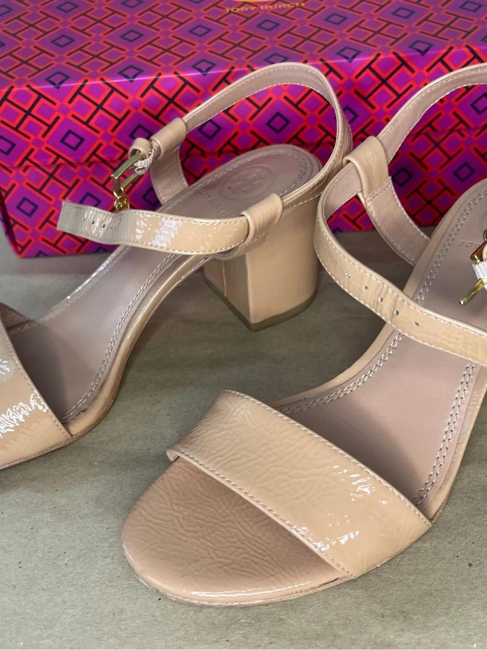 Tory Burch Patent Leather Nude Block Heel Sandals